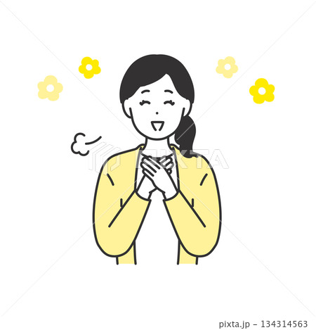 胸に手をあてて安心する女性のイラスト素材 134314563
