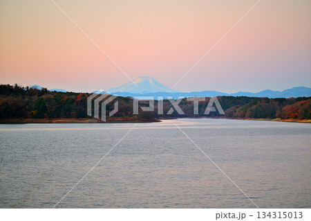 富士山 初冬 冠雪 朝焼け 狭山湖畔からの眺め 富士山 初冬 冠雪 朝焼け 狭山湖畔からの眺め 134315013