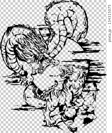 一幅描繪龍、老虎和滿月的墨畫插圖 一幅描繪龍、老虎和滿月的墨畫插圖 134315075