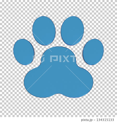 3D illustration of a flat icon of a pet's paw. Transparent blue glass morphic mark 2 3D illustration of a flat icon of a pet's paw. Transparent blue glass morphic mark 2 134315133