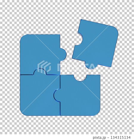 3D illustration of a flat icon of a puzzle piece. Transparent blue glass morphic mark 2 3D illustration of a flat icon of a puzzle piece. Transparent blue glass morphic mark 2 134315134