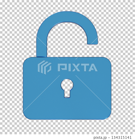 打開的掛鎖的平面圖示的 3D 插圖。透明藍色玻璃變形標記 2 打開的掛鎖的平面圖示的 3D 插圖。透明藍色玻璃變形標記 2 134315141