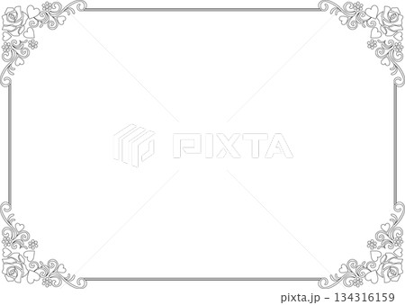 ビンテージカリグラフィ風フレーム素材188＜薔薇とハート・線画・白黒＞ 134316159