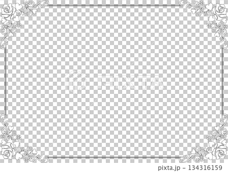 ビンテージカリグラフィ風フレーム素材188＜薔薇とハート・線画・白黒＞ 134316159