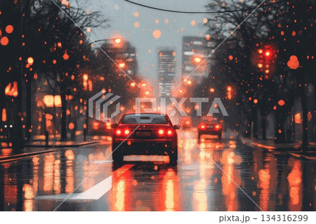 Cyberpunk Cityscape at Night with Smart Car and Holographic Elements 134316299