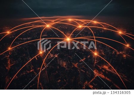 Nighttime View of a Connected Smart City with Glowing Network Lines Above Urban Landscape Nighttime View of a Connected Smart City with Glowing Network Lines Above Urban Landscape 134316305