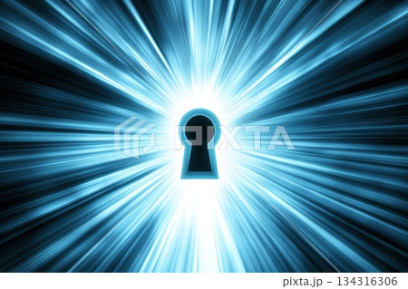 Glowing Futuristic Keyhole Against a Bright Blue Cyber Background with Radiant Lines 134316306