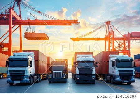 Busy Freight Transportation Hub with Cargo Trucks at Sunset in Industrial Setting 134316307