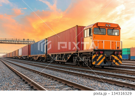 Global Cargo Transportation Concept Featuring Freight Train at Sunset Over Shipping Containers Global Cargo Transportation Concept Featuring Freight Train at Sunset Over Shipping Containers 134316329