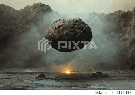 Glowing Futuristic Digital Coin Floating in Mid Air Above a Mysterious Terrain 134316332