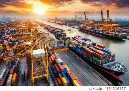 Busy Freight Transportation Hub with Cargo Trucks and Shipping Containers at Sunset Busy Freight Transportation Hub with Cargo Trucks and Shipping Containers at Sunset 134316357