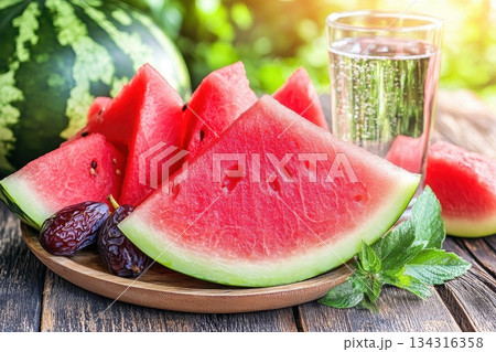Sliced Watermelon, Fresh Dates, and Figs on a Wooden Plate with a Glass of Water 134316358