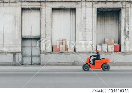 Aerial View of a Vast Warehouse with Scenic Surroundings and Bright Orange Vehicle Aerial View of a Vast Warehouse with Scenic Surroundings and Bright Orange Vehicle 134316359