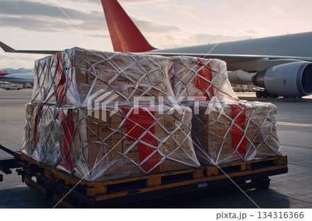 Busy International Airport Cargo Terminal with Wrapped Freight on Pallet 134316366