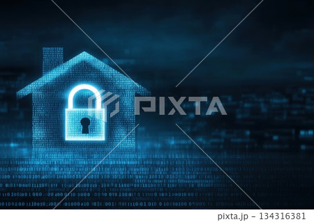 Cyber Landscape with Bright Neon Lock on Dark Digital House Background Cyber Landscape with Bright Neon Lock on Dark Digital House Background 134316381