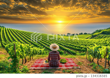 Sunset View Over Vineyard with Woman Sitting on Blanket Enjoying Scenic Landscape Sunset View Over Vineyard with Woman Sitting on Blanket Enjoying Scenic Landscape 134316385