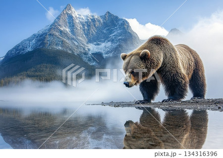 Majestic Brown Bear Walking by Tranquil Lake Against Stunning Mountain Landscape 134316396