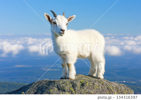 Adorable Young Goat Standing on a Rock with Scenic Background and Blue Sky 134316397