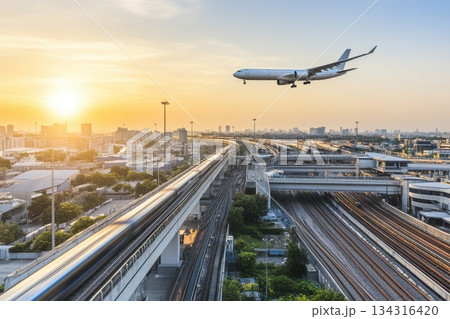 High Resolution Image of an International Transport Scene at Sunset with Airplane and Trains High Resolution Image of an International Transport Scene at Sunset with Airplane and Trains 134316420