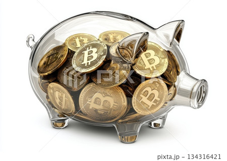 Transparent Digital Piggy Bank Filled with Bitcoin Coins and Cryptocurrency Savings Transparent Digital Piggy Bank Filled with Bitcoin Coins and Cryptocurrency Savings 134316421