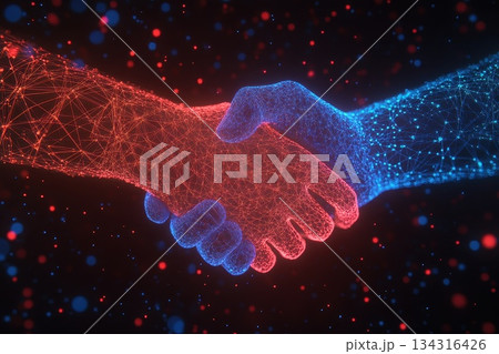 Business leaders handshake in digital network connection with vibrant colors and energy 134316426