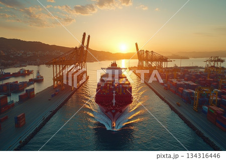 Massive Cargo Ship Navigating Through International Waters at Sunset 134316446