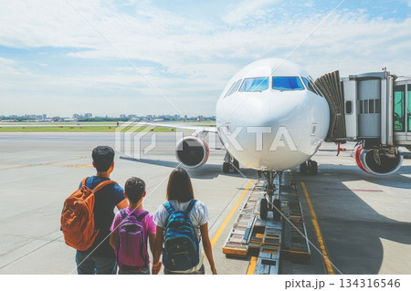 Excited Family Preparing to Board Airplane at Airport Gate on Bright Sunny Day Excited Family Preparing to Board Airplane at Airport Gate on Bright Sunny Day 134316546