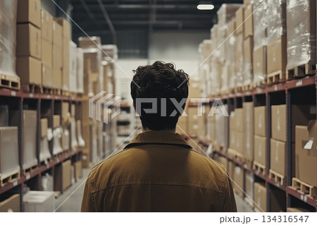 Back View of Man in Warehouse Surrounded by Boxes and Packed Storage Items 134316547