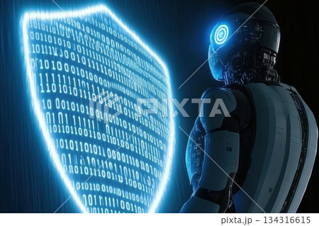 Futuristic humanoid robot standing in front of glowing binary shield technology visualization Futuristic humanoid robot standing in front of glowing binary shield technology visualization 134316615