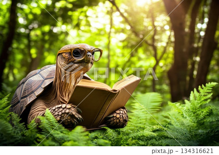 Wise Old Tortoise Reading a Book in a Lush Green Forest with Sunlight Filtering Through Trees Wise Old Tortoise Reading a Book in a Lush Green Forest with Sunlight Filtering Through Trees 134316621