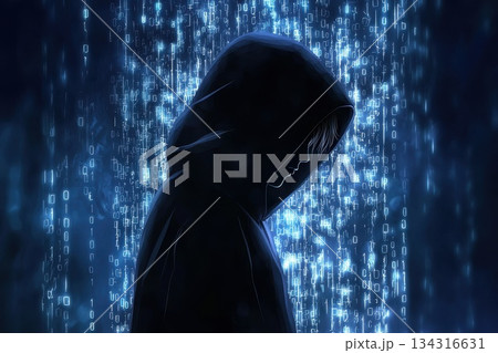 Dark Cyber Themed Illustration of a Digital Hacker Amidst Glowing Binary Code Background 134316631