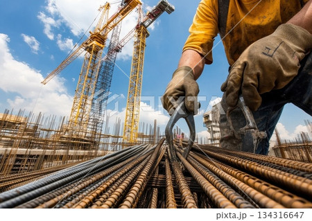 Skilled Construction Worker Securing Steel Rebars at Construction Site with Cranes Skilled Construction Worker Securing Steel Rebars at Construction Site with Cranes 134316647