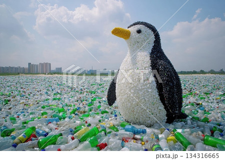 Synthetic Penguin Sculpture Made of Plastic Fibers Amidst Ocean Plastic Waste 134316665