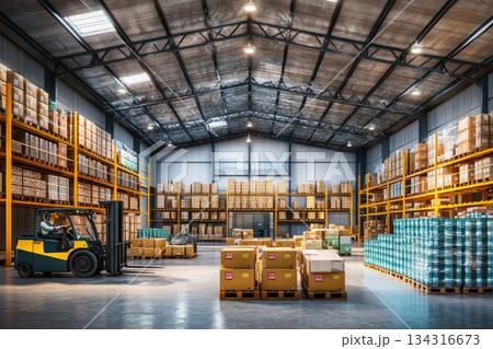 Photorealistic Warehouse Scene with Automated Forklift and Packed Inventory Storage 134316673