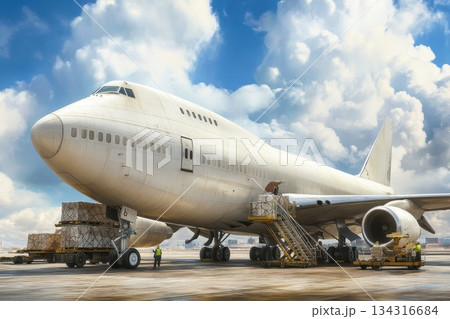 Massive Cargo Airplane on Tarmac with Loading Equipment and Personnel in Clear Sky 134316684