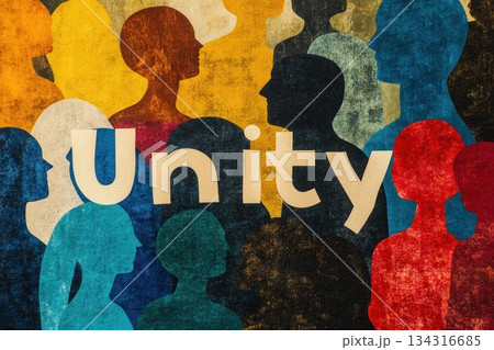 Vibrant Street Mural Featuring Abstract Figures and the Word Unity in Colorful Silhouettes 134316685