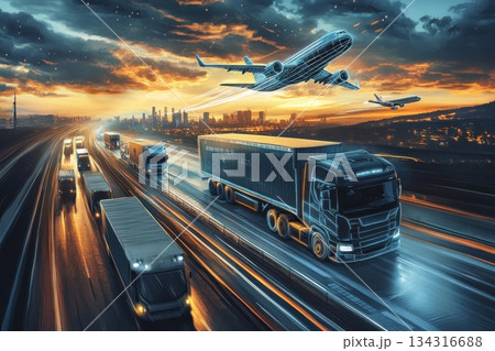 Futuristic Intergalactic Transportation System with Trucks and Aircraft in Motion 134316688