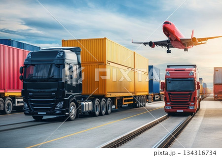 High-Resolution Image of International Transportation with Trucks and Airplane at Port High-Resolution Image of International Transportation with Trucks and Airplane at Port 134316734