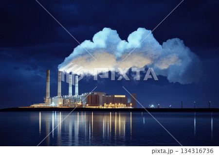 Massive Futuristic Digital Power Plant with Clouds and Reflections at Night Massive Futuristic Digital Power Plant with Clouds and Reflections at Night 134316736