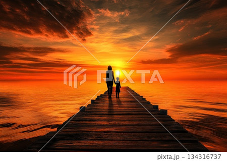 Heartwarming Scene of Mother and Daughter Silhouette at Sunset on a Serene Pier Heartwarming Scene of Mother and Daughter Silhouette at Sunset on a Serene Pier 134316737