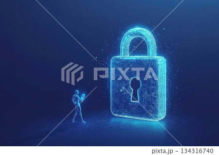 Robotic Figure Interacting with Holographic Padlock in Dark Technological Environment 134316740