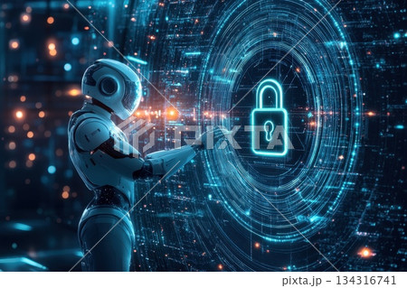 Robotic Figure Engaging with Holographic Interface in Futuristic Digital Environment Robotic Figure Engaging with Holographic Interface in Futuristic Digital Environment 134316741