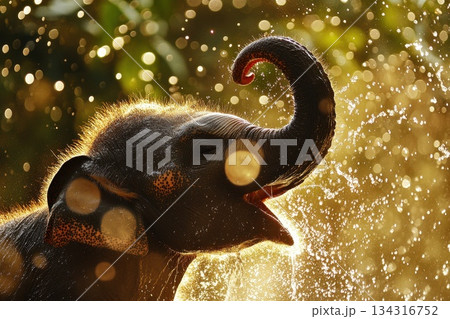 Gentle Elephant Calf Playfully Splashing Water in the Warm Golden Light of Nature Gentle Elephant Calf Playfully Splashing Water in the Warm Golden Light of Nature 134316752