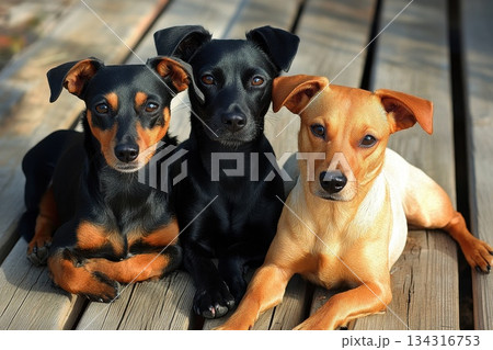 Gathering of Rescue Dogs with Different Fur Colors on a Wooden Surface 134316753