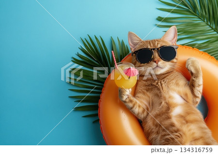 Happy Cat in Aviator Sunglasses Enjoying Vacation with Tropical Drink 134316759