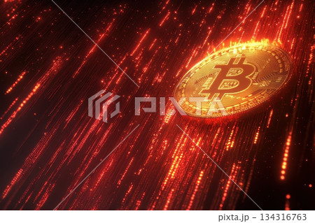 Close-up of a falling Bitcoin coin in digital red light background effect Close-up of a falling Bitcoin coin in digital red light background effect 134316763