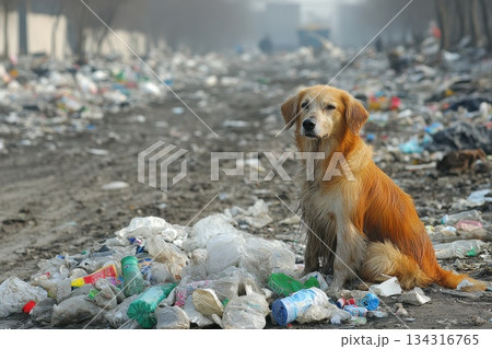 Stray Dog Amidst Plastic Debris in Littered Urban Environment 134316765