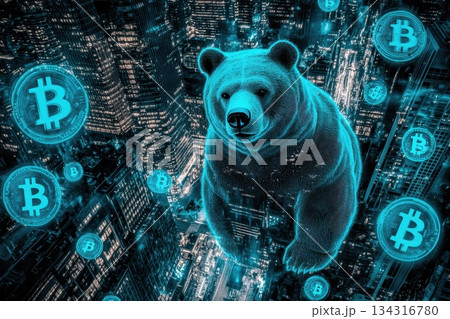 Towering Hologram Bear Over a City Filled with Digital Currency Symbols at Night 134316780
