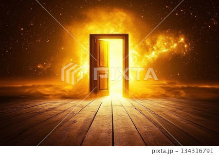 Surreal Doorway Stands Alone in the Vastness of a Cosmic Landscape at Dawn Surreal Doorway Stands Alone in the Vastness of a Cosmic Landscape at Dawn 134316791