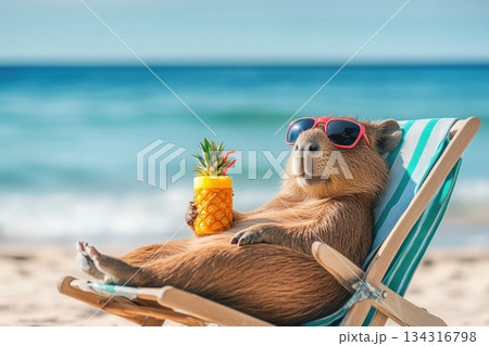 Happy Capybara Relaxing on Beach Lounger with Pineapple Drink Under Sun 134316798